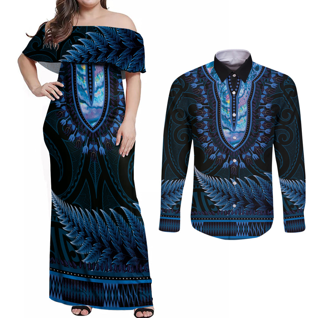 Blue African Dashiki With Aotearoa Maori Couples Matching Off Shoulder Maxi Dress and Long Sleeve Button Shirt Paua Shell Mix Silver Fern LT14 Blue - Polynesian Pride