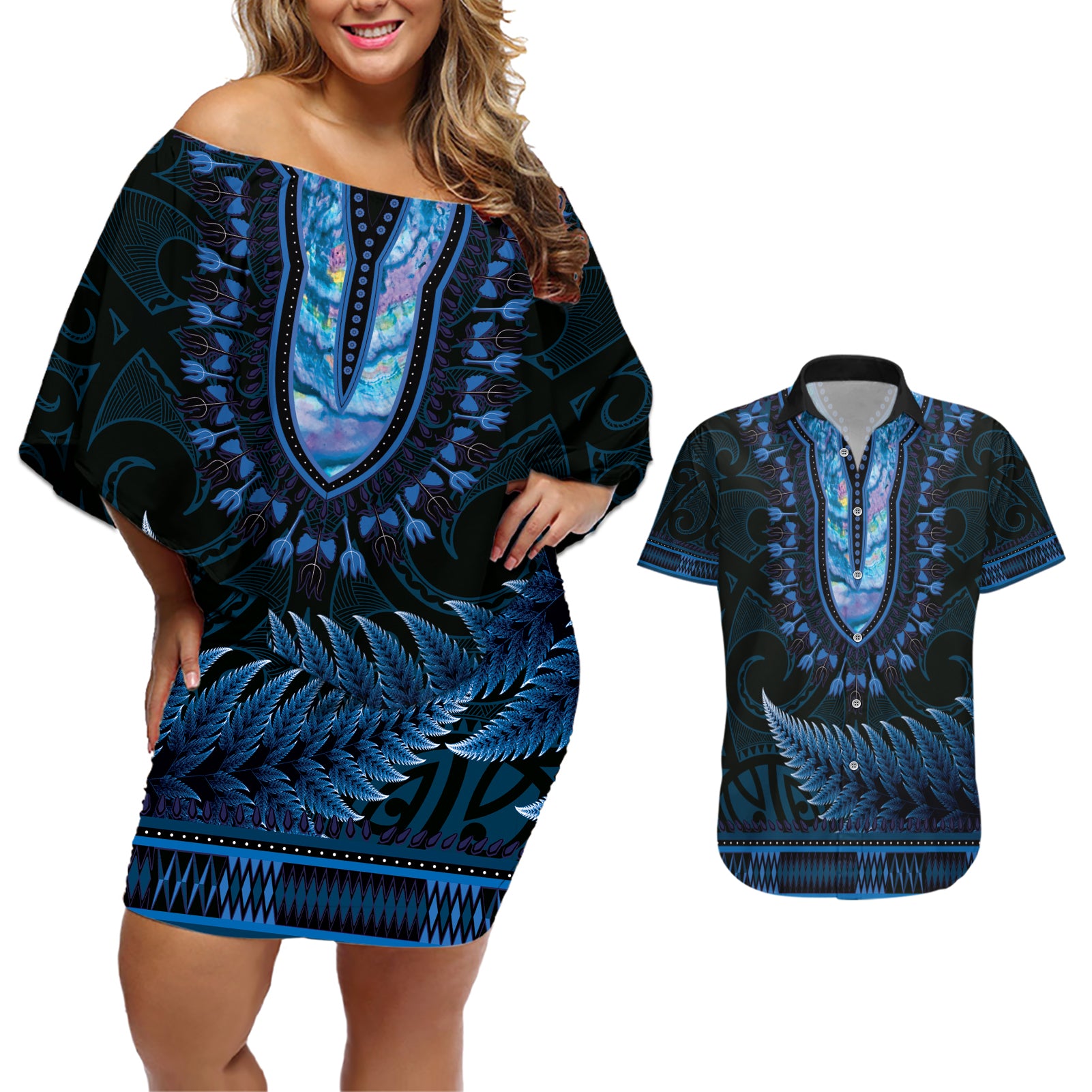 Blue African Dashiki With Aotearoa Maori Couples Matching Off Shoulder Short Dress and Hawaiian Shirt Paua Shell Mix Silver Fern