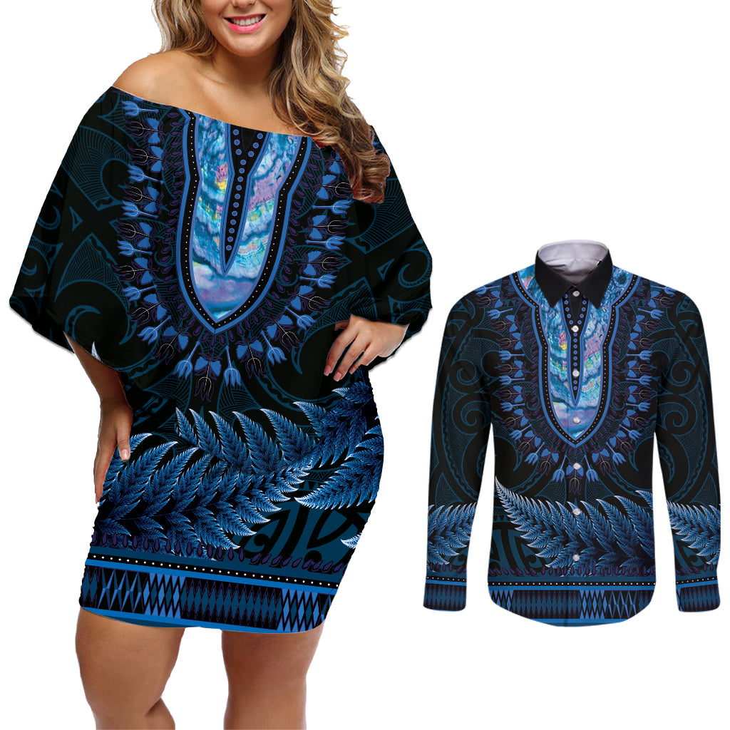 Blue African Dashiki With Aotearoa Maori Couples Matching Off Shoulder Short Dress and Long Sleeve Button Shirt Paua Shell Mix Silver Fern