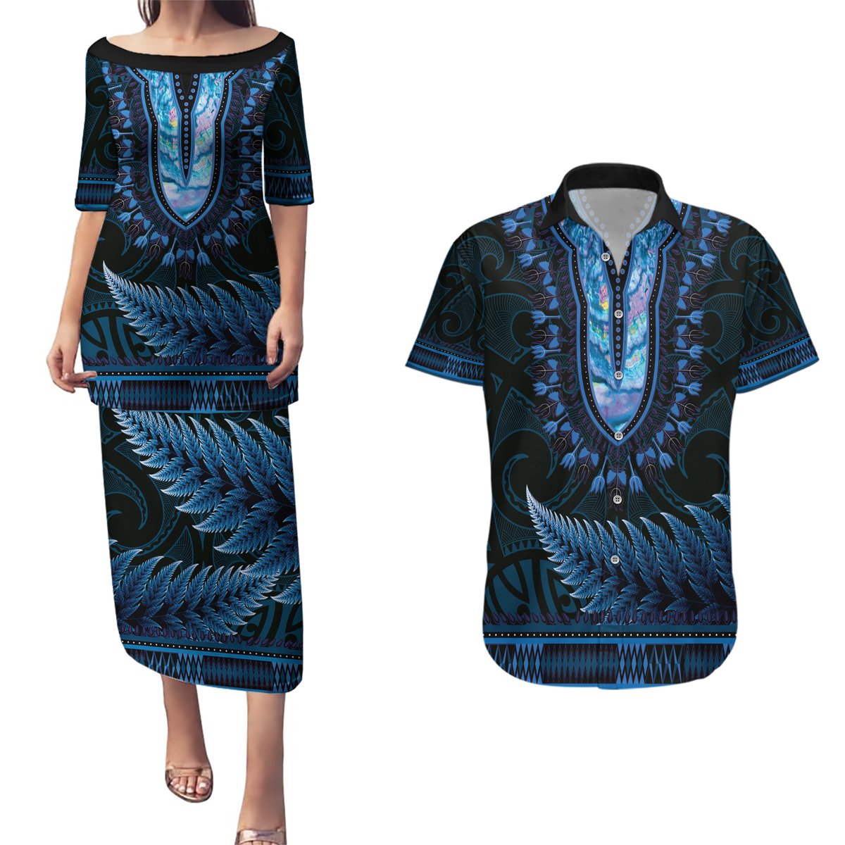 Blue African Dashiki With Aotearoa Maori Couples Matching Puletasi and Hawaiian Shirt Paua Shell Mix Silver Fern LT14 Blue - Polynesian Pride