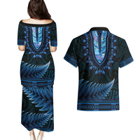 Blue African Dashiki With Aotearoa Maori Couples Matching Puletasi and Hawaiian Shirt Paua Shell Mix Silver Fern LT14 - Polynesian Pride