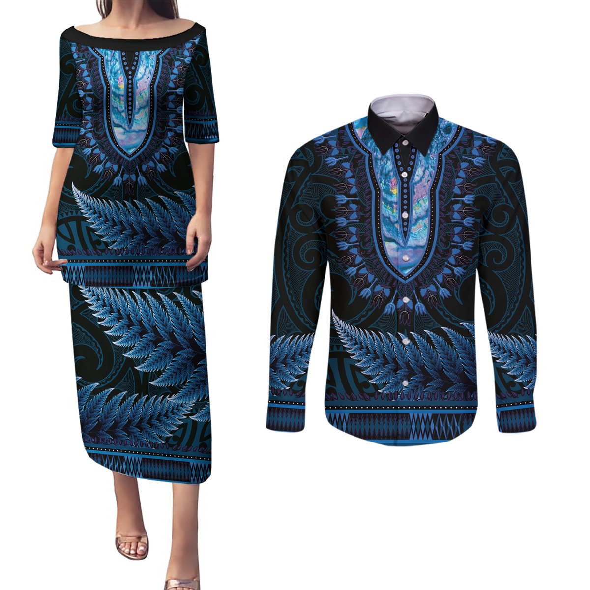 Blue African Dashiki With Aotearoa Maori Couples Matching Puletasi and Long Sleeve Button Shirt Paua Shell Mix Silver Fern LT14 Blue - Polynesian Pride
