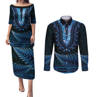 Blue African Dashiki With Aotearoa Maori Couples Matching Puletasi and Long Sleeve Button Shirt Paua Shell Mix Silver Fern LT14 Blue - Polynesian Pride