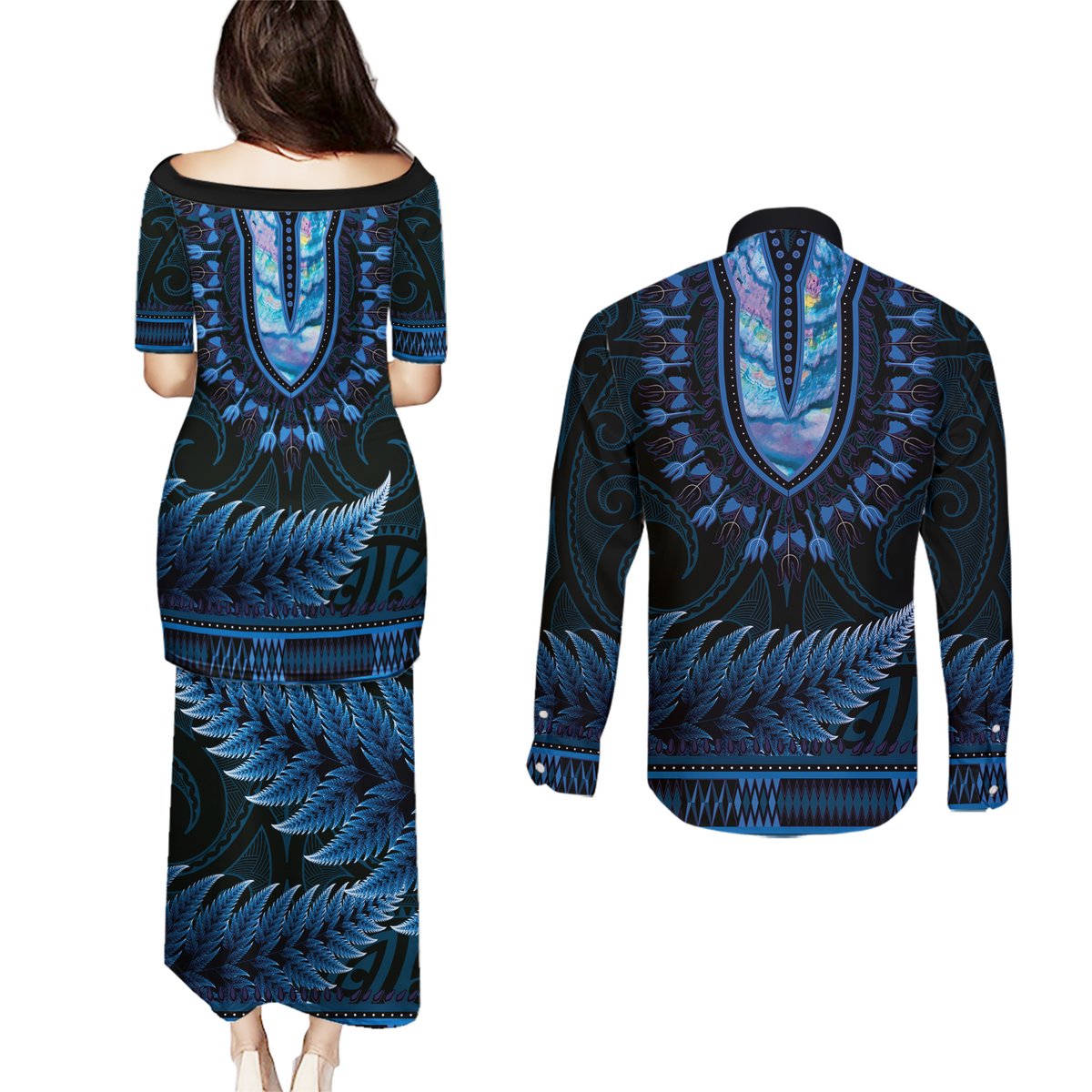 Blue African Dashiki With Aotearoa Maori Couples Matching Puletasi and Long Sleeve Button Shirt Paua Shell Mix Silver Fern LT14 - Polynesian Pride