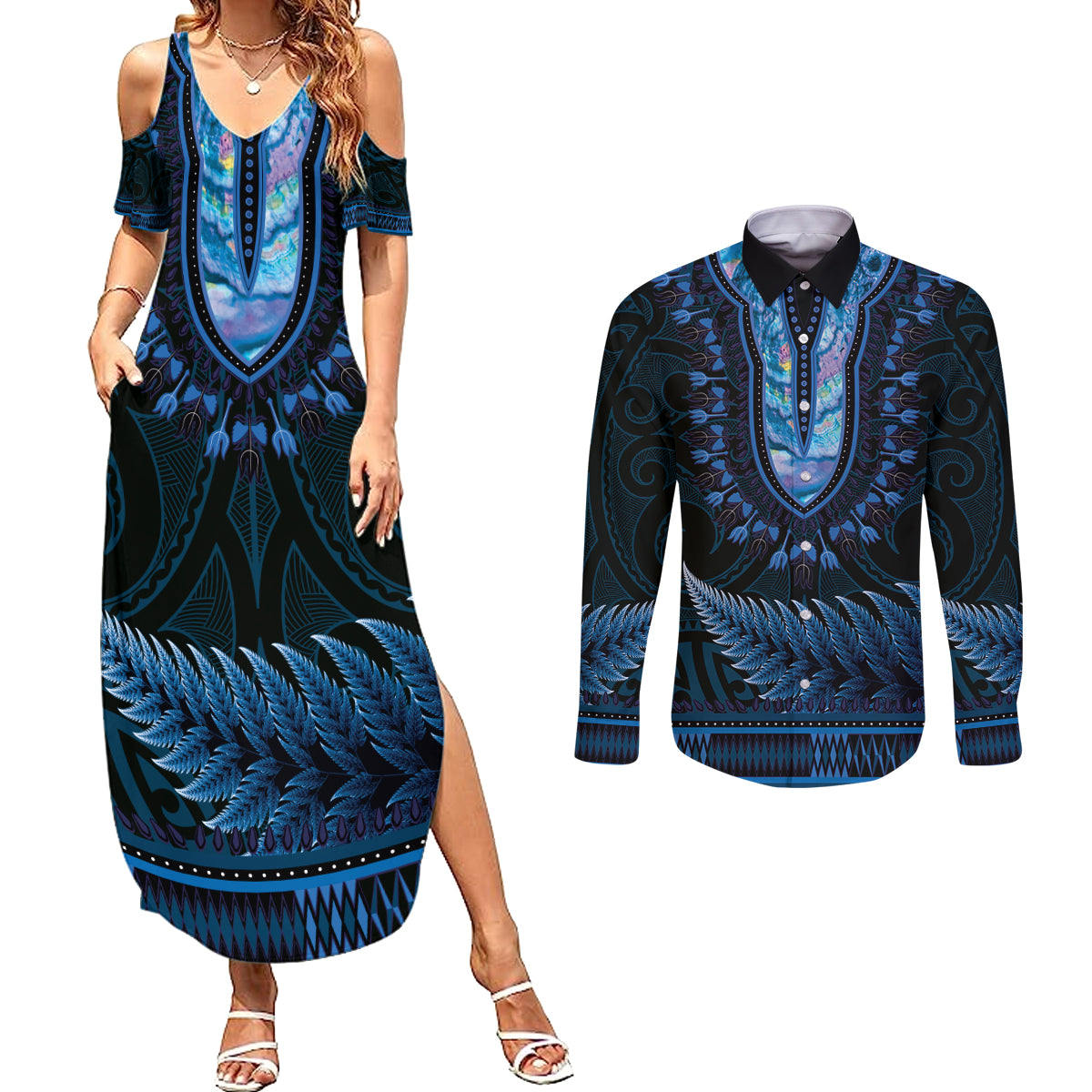 Blue African Dashiki With Aotearoa Maori Couples Matching Summer Maxi Dress and Long Sleeve Button Shirt Paua Shell Mix Silver Fern