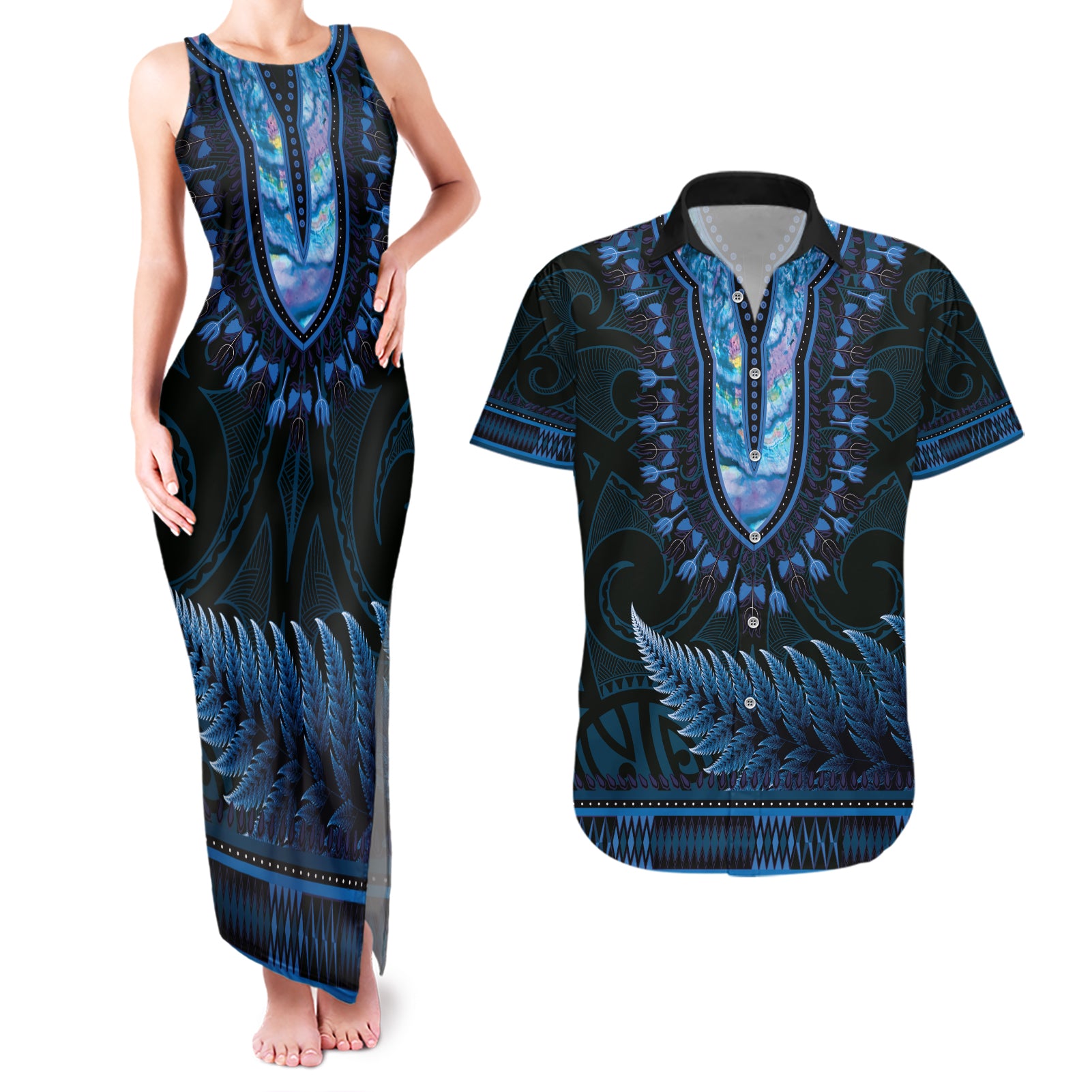 Blue African Dashiki With Aotearoa Maori Couples Matching Tank Maxi Dress and Hawaiian Shirt Paua Shell Mix Silver Fern