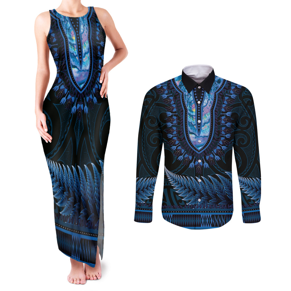 Blue African Dashiki With Aotearoa Maori Couples Matching Tank Maxi Dress and Long Sleeve Button Shirt Paua Shell Mix Silver Fern