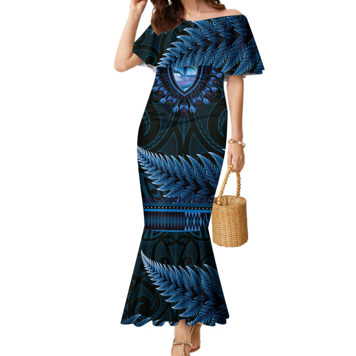 Blue African Dashiki With Aotearoa Maori Family Matching Mermaid Dress and Hawaiian Shirt Paua Shell Mix Silver Fern