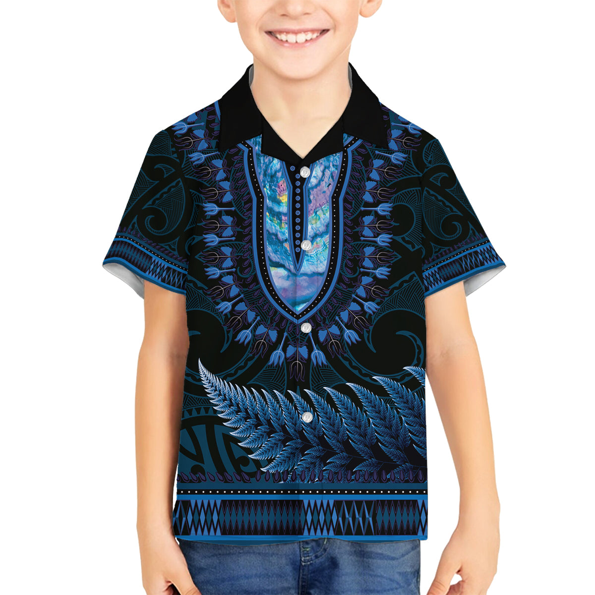 Blue African Dashiki With Aotearoa Maori Family Matching Off Shoulder Maxi Dress and Hawaiian Shirt Paua Shell Mix Silver Fern