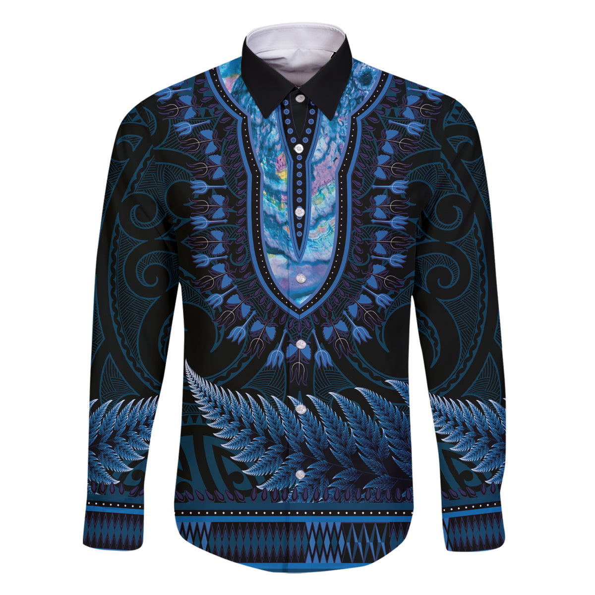 Blue African Dashiki With Aotearoa Maori Family Matching Off Shoulder Short Dress and Hawaiian Shirt Paua Shell Mix Silver Fern