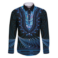 Blue African Dashiki With Aotearoa Maori Family Matching Off Shoulder Short Dress and Hawaiian Shirt Paua Shell Mix Silver Fern