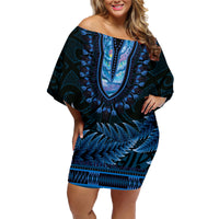 Blue African Dashiki With Aotearoa Maori Family Matching Off Shoulder Short Dress and Hawaiian Shirt Paua Shell Mix Silver Fern