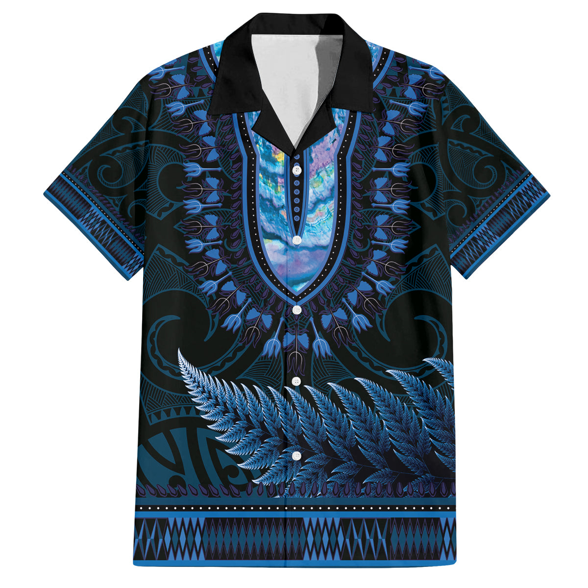 Blue African Dashiki With Aotearoa Maori Family Matching Puletasi and Hawaiian Shirt Paua Shell Mix Silver Fern