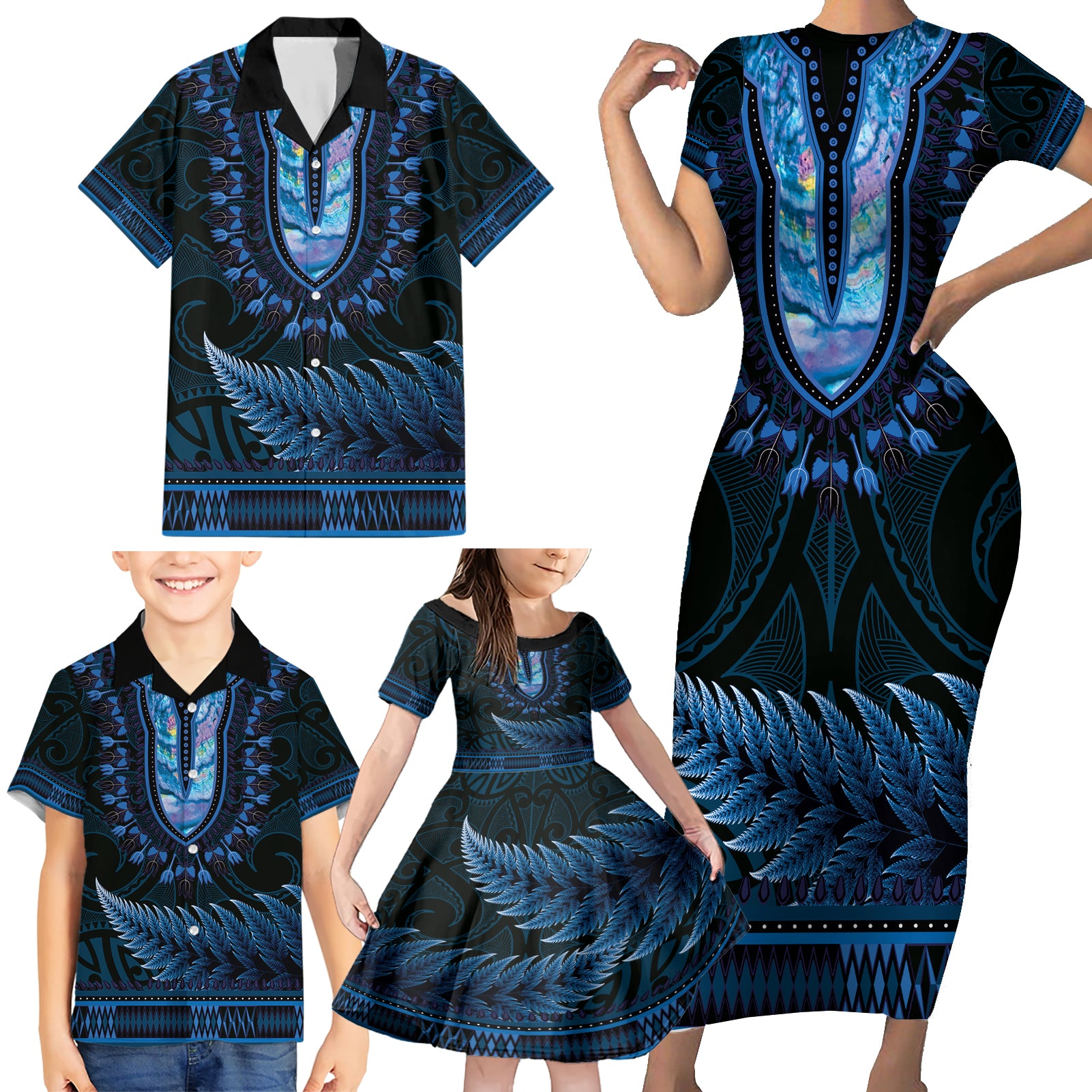 Blue African Dashiki With Aotearoa Maori Family Matching Short Sleeve Bodycon Dress and Hawaiian Shirt Paua Shell Mix Silver Fern