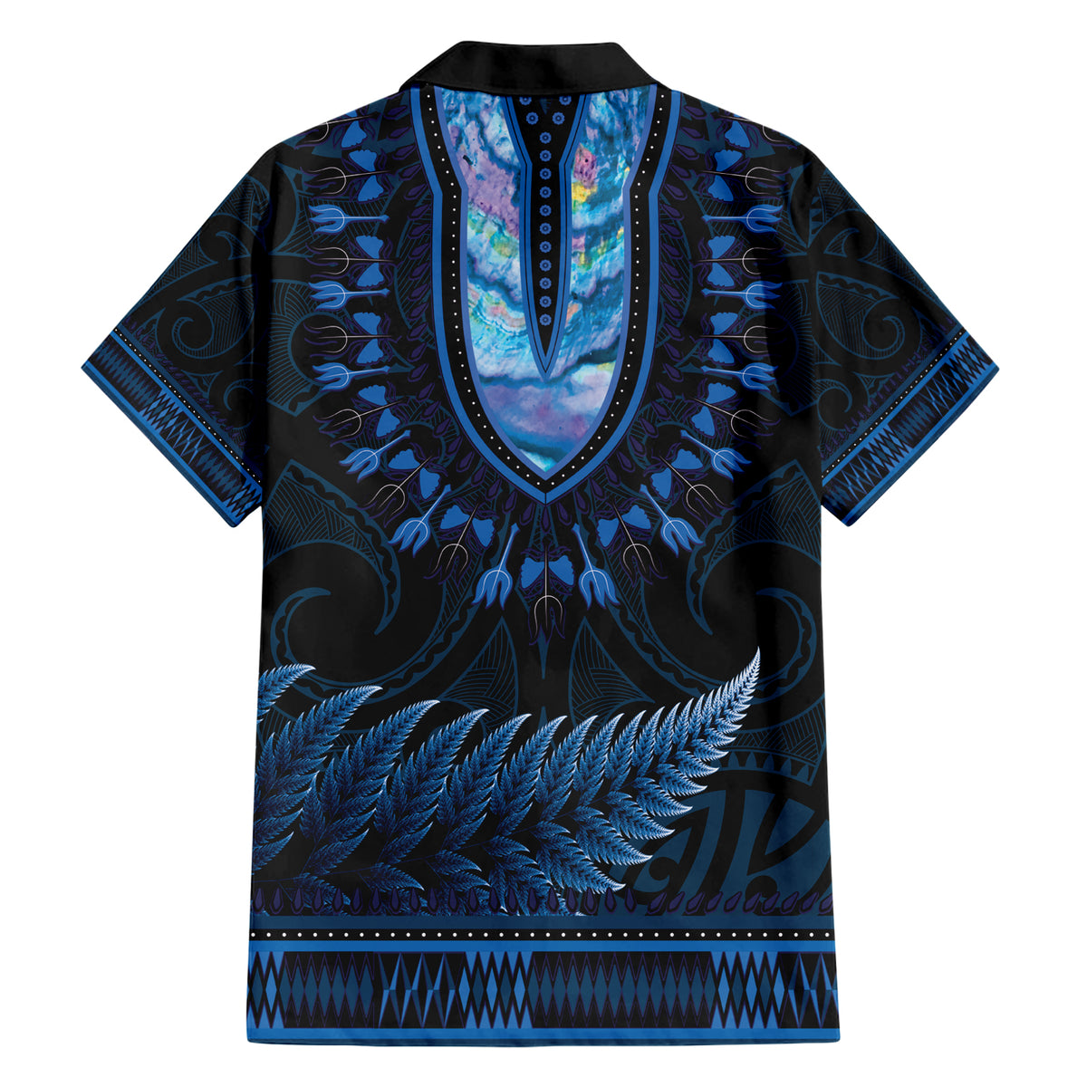 Blue African Dashiki With Aotearoa Maori Family Matching Short Sleeve Bodycon Dress and Hawaiian Shirt Paua Shell Mix Silver Fern LT14 - Polynesian Pride