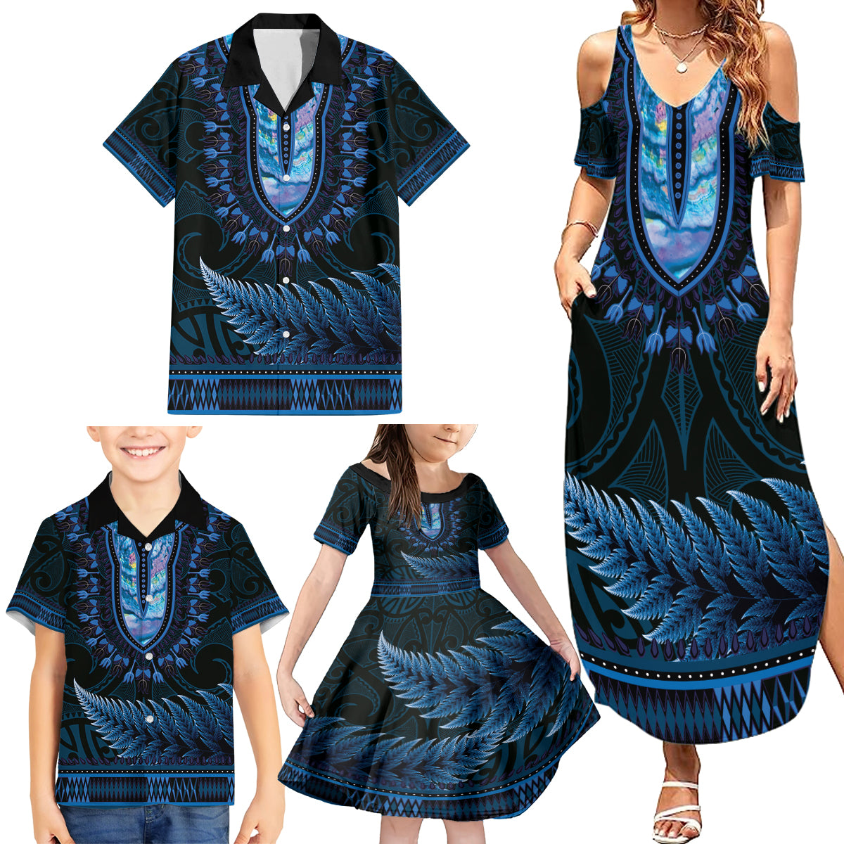 Blue African Dashiki With Aotearoa Maori Family Matching Summer Maxi Dress and Hawaiian Shirt Paua Shell Mix Silver Fern