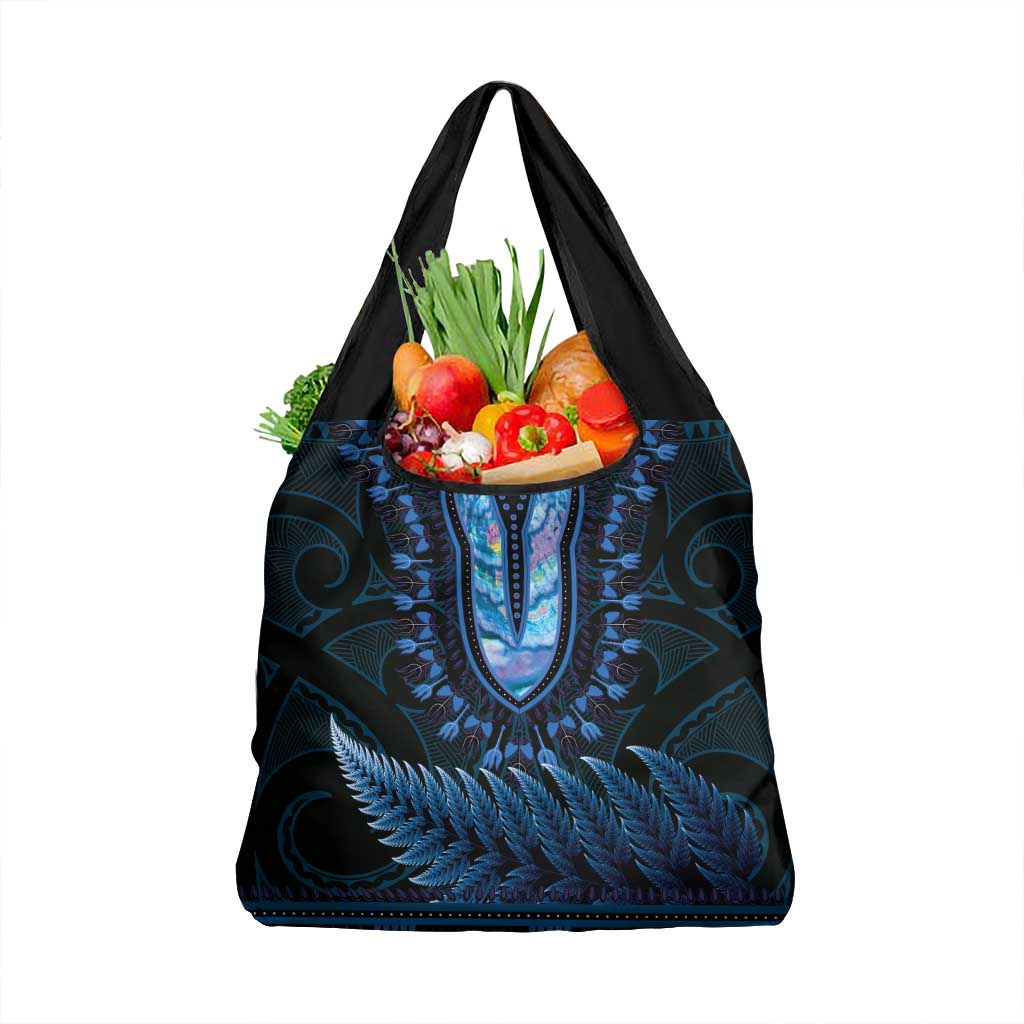 Blue African Dashiki With Aotearoa Maori Grocery Bag Paua Shell Mix Silver Fern LT14 1-pack One Size Blue - Polynesian Pride