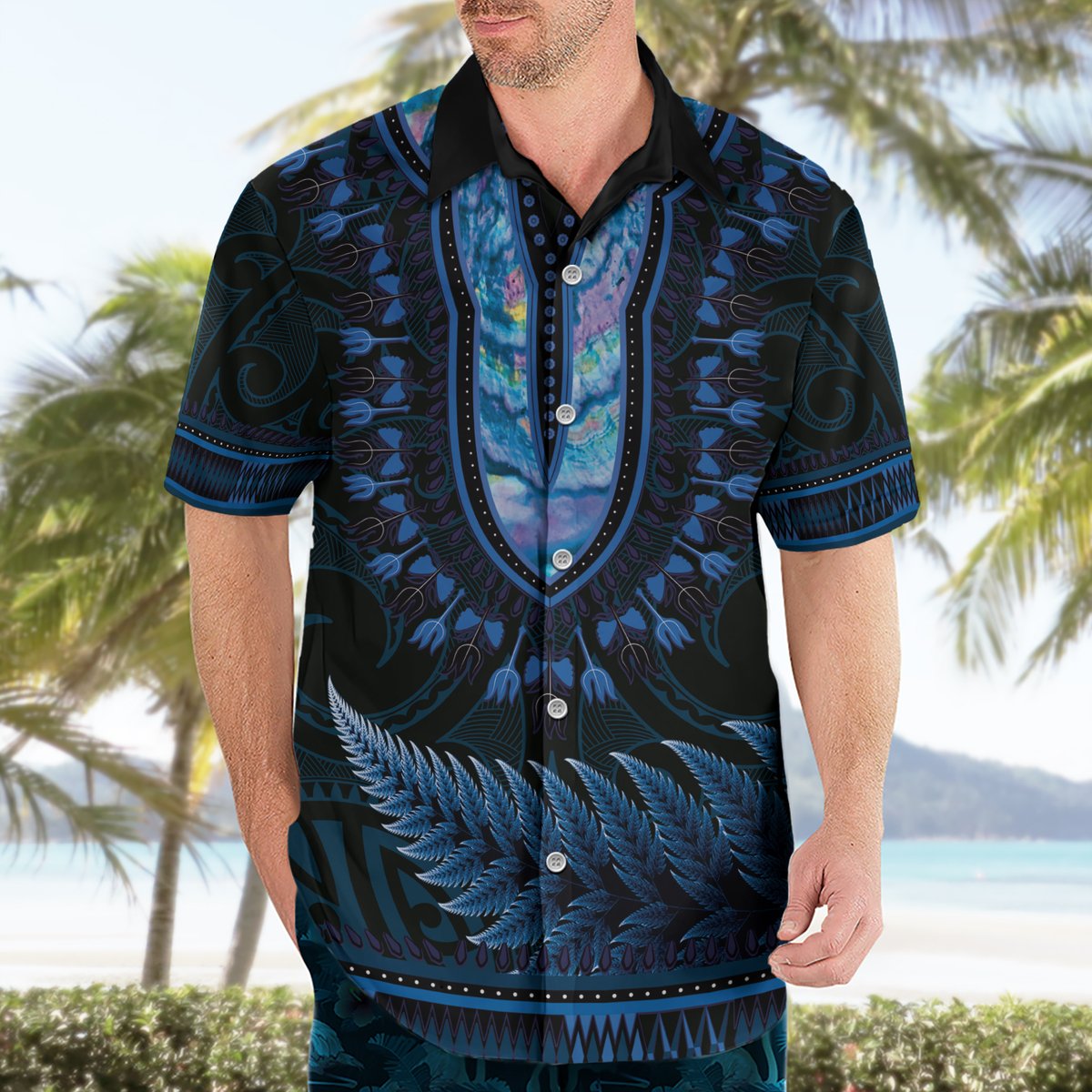 Blue African Dashiki With Aotearoa Maori Hawaiian Shirt Paua Shell Mix Silver Fern LT14 - Polynesian Pride