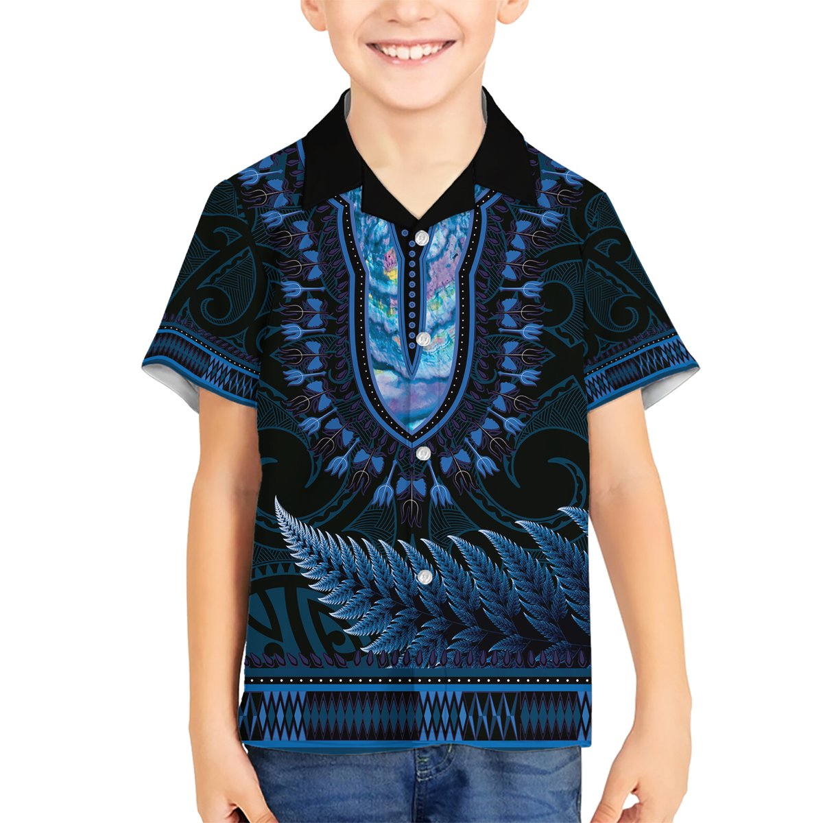 Blue African Dashiki With Aotearoa Maori Hawaiian Shirt Paua Shell Mix Silver Fern LT14 - Polynesian Pride