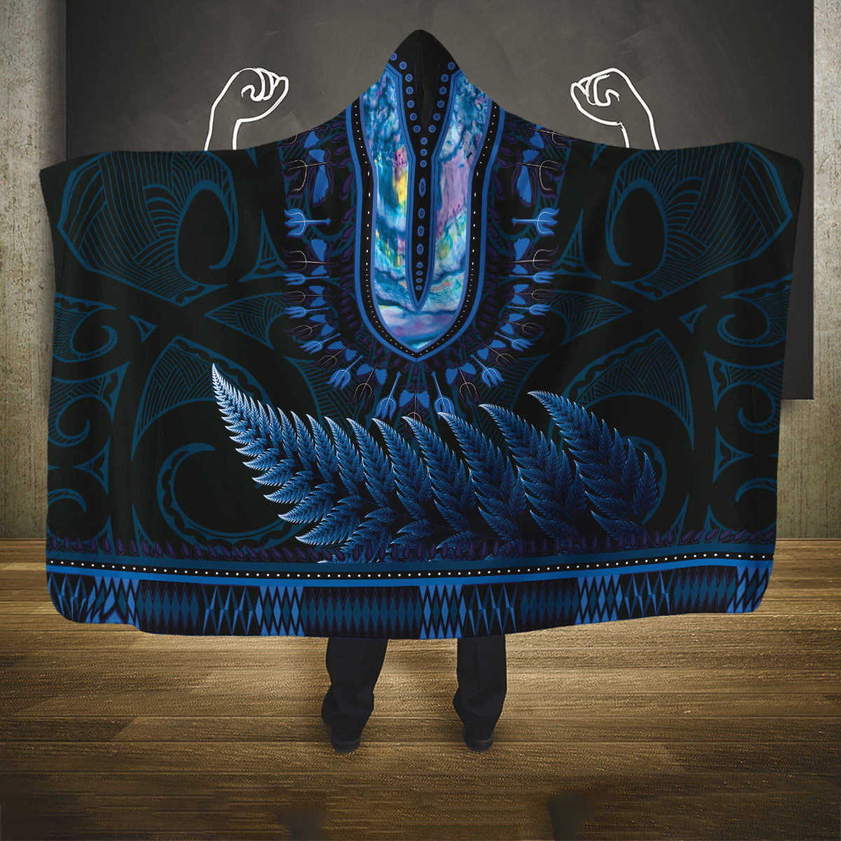 Blue African Dashiki With Aotearoa Maori Hooded Blanket Paua Shell Mix Silver Fern LT14 One Size Blue - Polynesian Pride