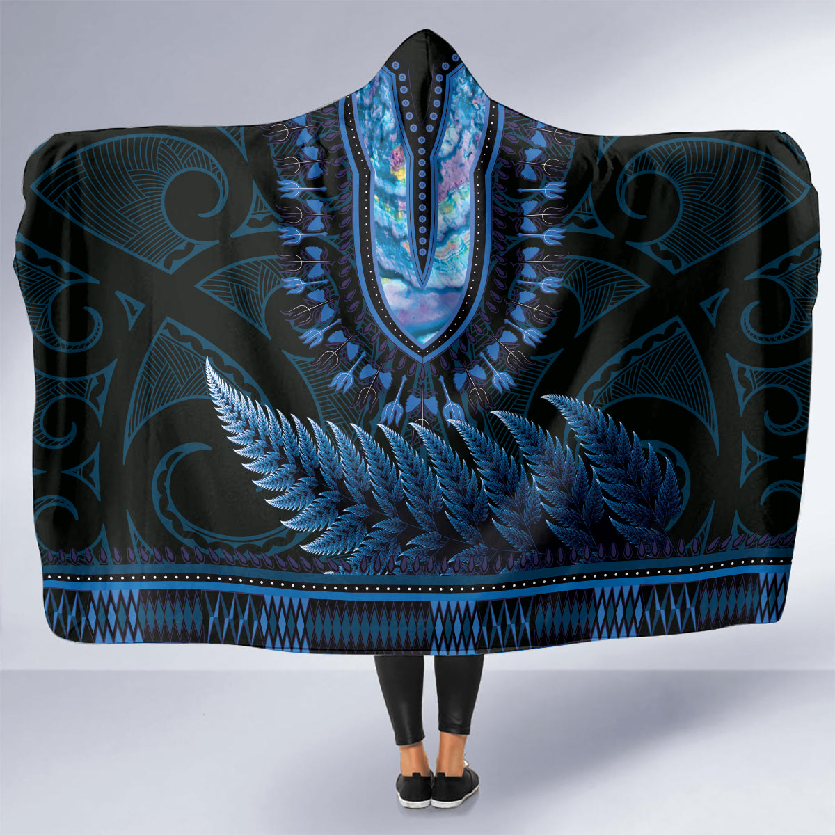 Blue African Dashiki With Aotearoa Maori Hooded Blanket Paua Shell Mix Silver Fern LT14 - Polynesian Pride
