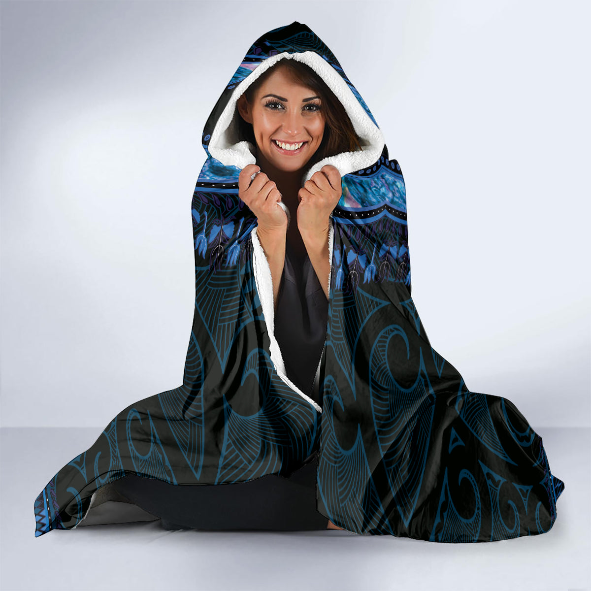 Blue African Dashiki With Aotearoa Maori Hooded Blanket Paua Shell Mix Silver Fern LT14 - Polynesian Pride