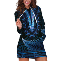 Blue African Dashiki With Aotearoa Maori Hoodie Dress Paua Shell Mix Silver Fern LT14 Blue - Polynesian Pride