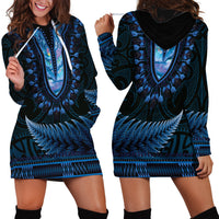 Blue African Dashiki With Aotearoa Maori Hoodie Dress Paua Shell Mix Silver Fern LT14 - Polynesian Pride