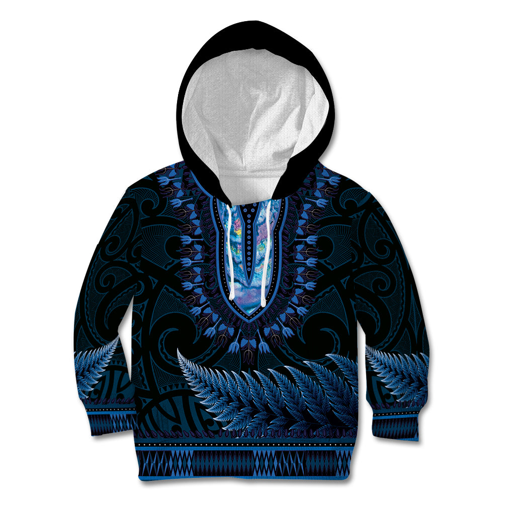 Blue African Dashiki With Aotearoa Maori Kid Hoodie Paua Shell Mix Silver Fern