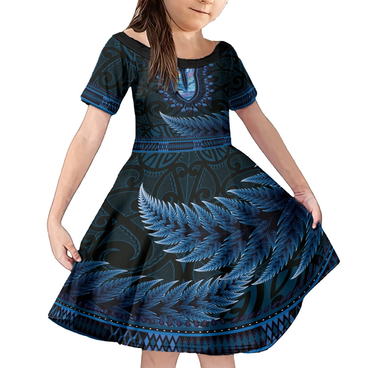 Blue African Dashiki With Aotearoa Maori Kid Short Sleeve Dress Paua Shell Mix Silver Fern