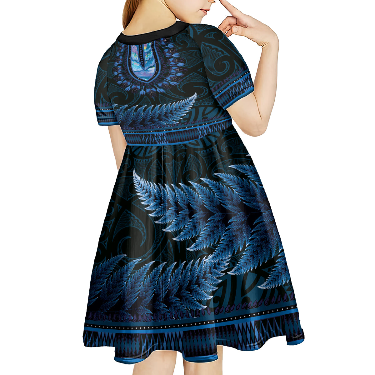 Blue African Dashiki With Aotearoa Maori Kid Short Sleeve Dress Paua Shell Mix Silver Fern LT14 - Polynesian Pride