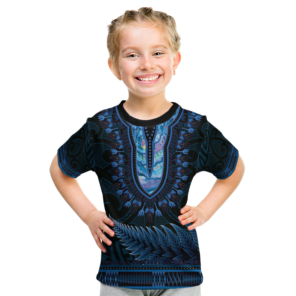 Blue African Dashiki With Aotearoa Maori Kid T Shirt Paua Shell Mix Silver Fern