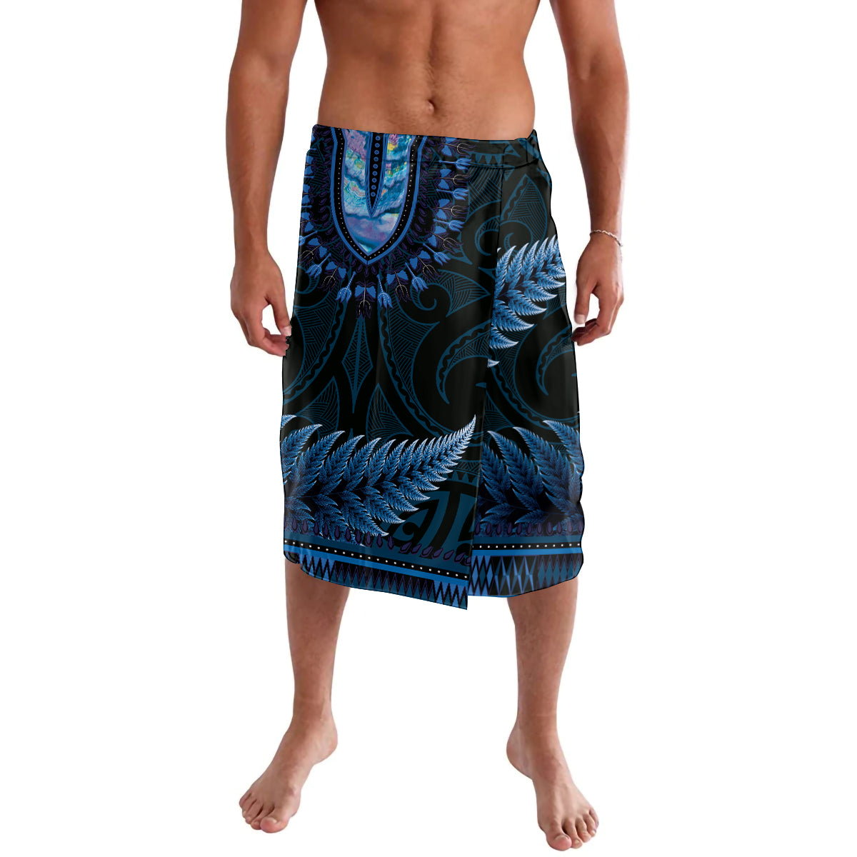 Blue African Dashiki With Aotearoa Maori Lavalava Paua Shell Mix Silver Fern