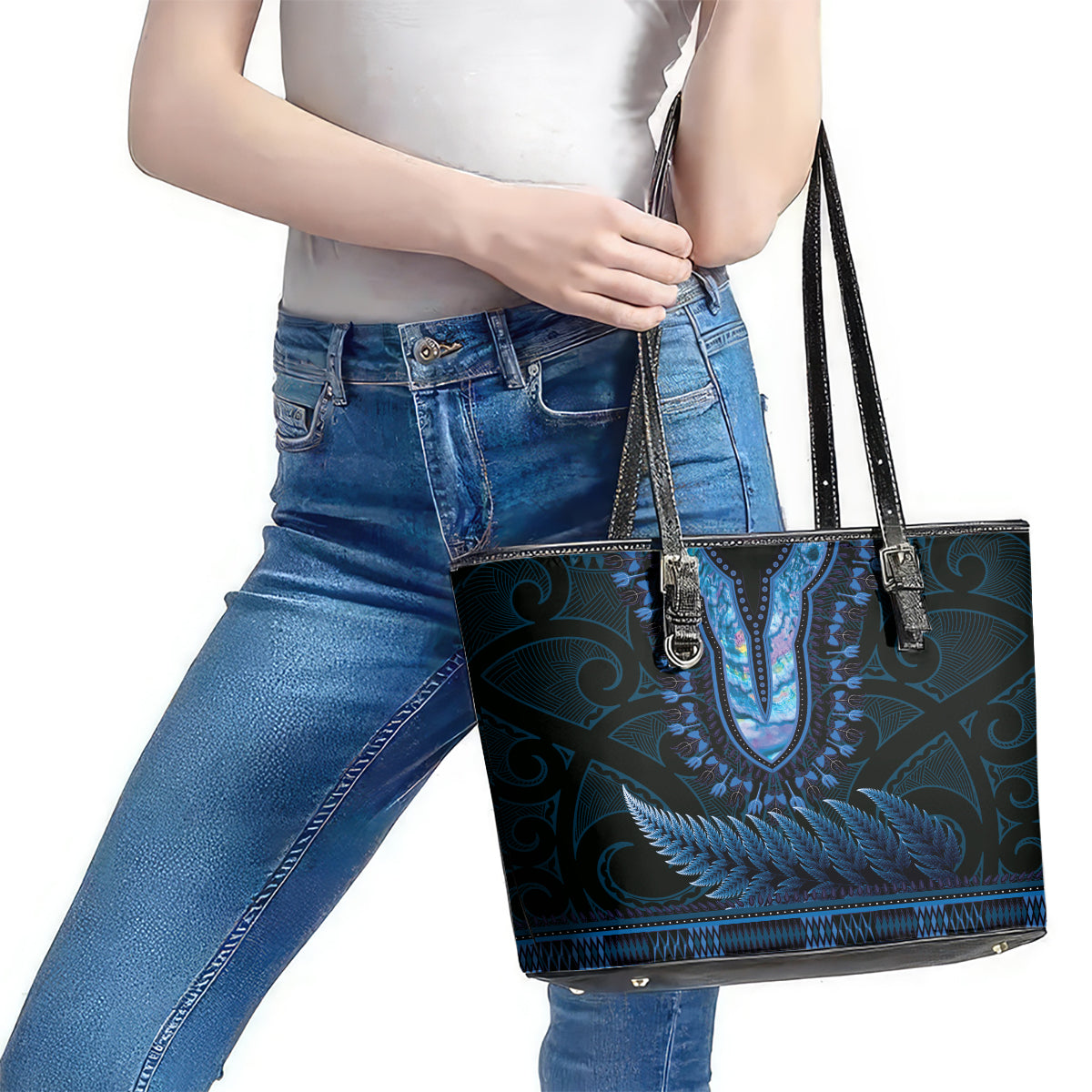 Blue African Dashiki With Aotearoa Maori Leather Tote Bag Paua Shell Mix Silver Fern LT14 - Polynesian Pride