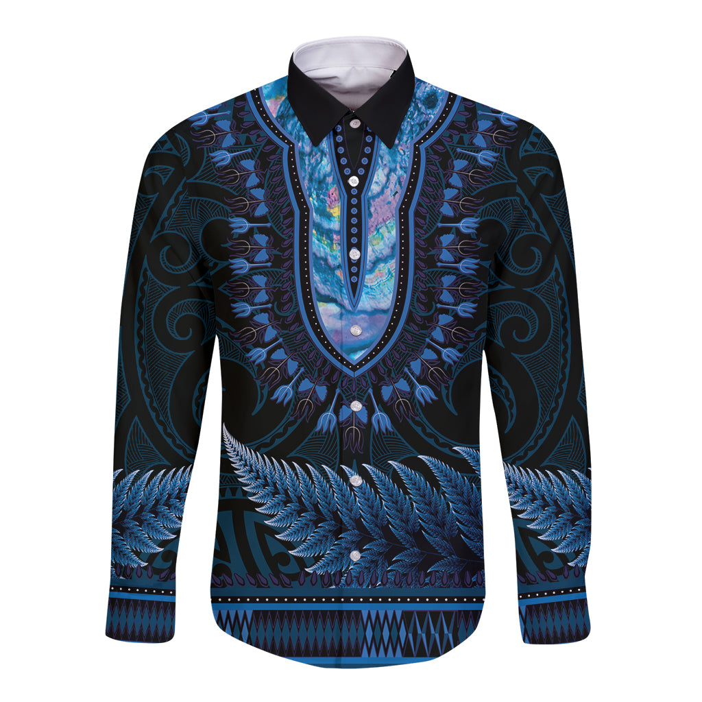 Blue African Dashiki With Aotearoa Maori Long Sleeve Button Shirt Paua Shell Mix Silver Fern