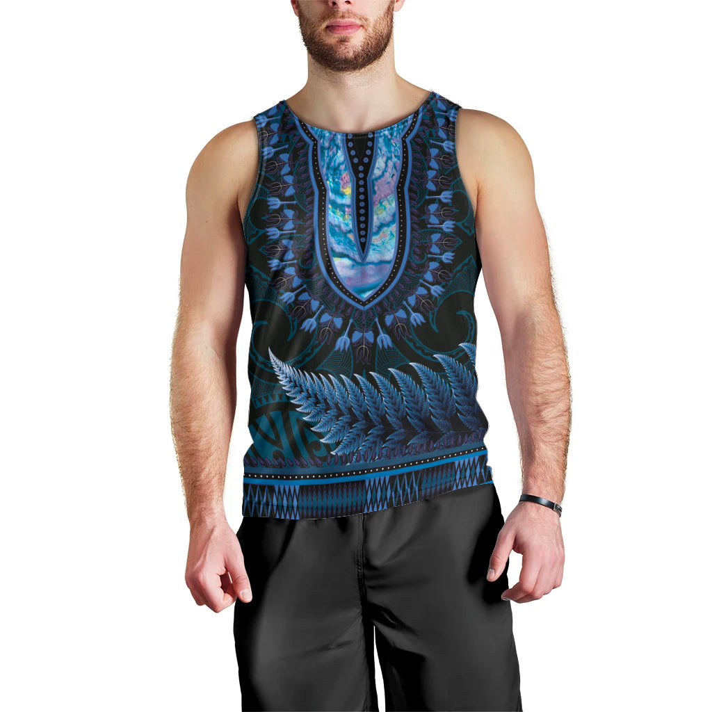 Blue African Dashiki With Aotearoa Maori Men Tank Top Paua Shell Mix Silver Fern LT14 - Polynesian Pride