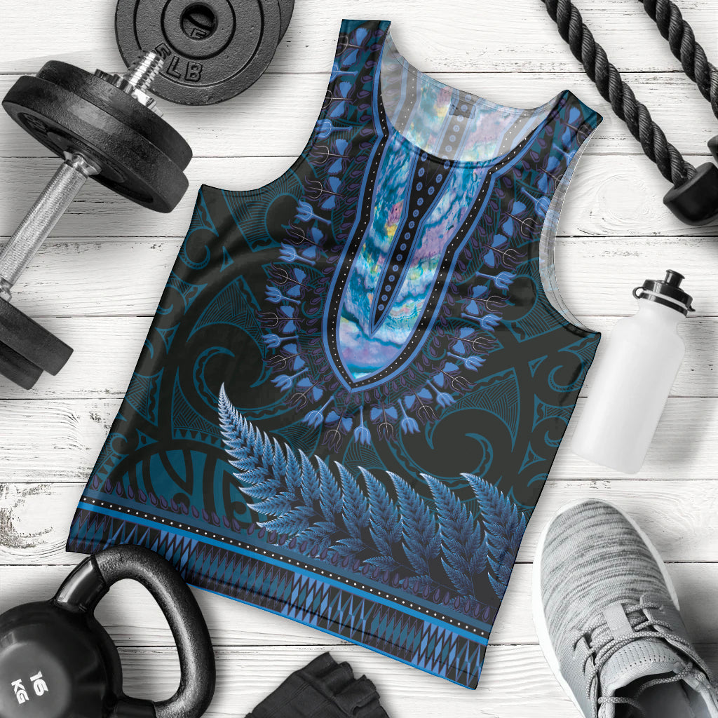Blue African Dashiki With Aotearoa Maori Men Tank Top Paua Shell Mix Silver Fern LT14 - Polynesian Pride
