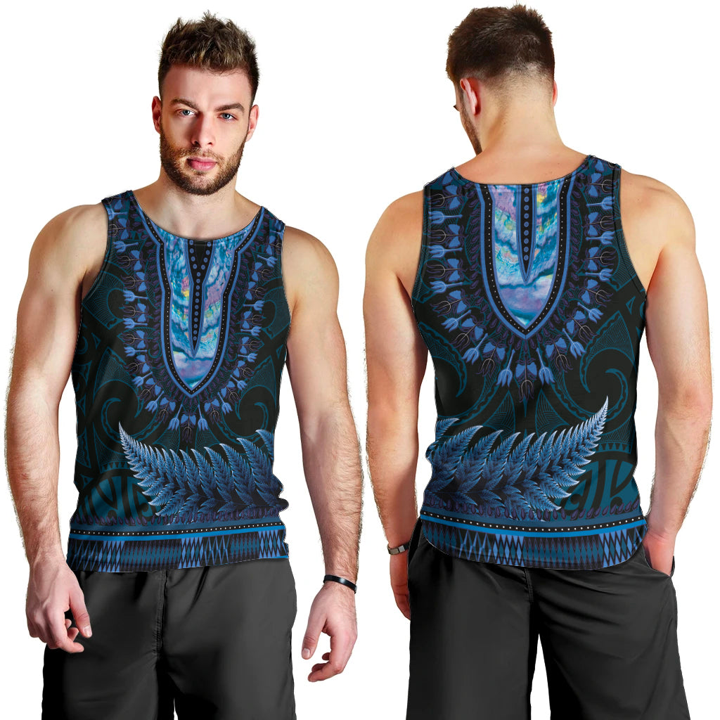Blue African Dashiki With Aotearoa Maori Men Tank Top Paua Shell Mix Silver Fern LT14 - Polynesian Pride