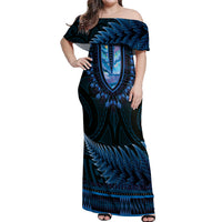 Blue African Dashiki With Aotearoa Maori Off Shoulder Maxi Dress Paua Shell Mix Silver Fern LT14 Women Blue - Polynesian Pride