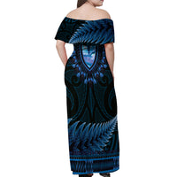 Blue African Dashiki With Aotearoa Maori Off Shoulder Maxi Dress Paua Shell Mix Silver Fern LT14 - Polynesian Pride