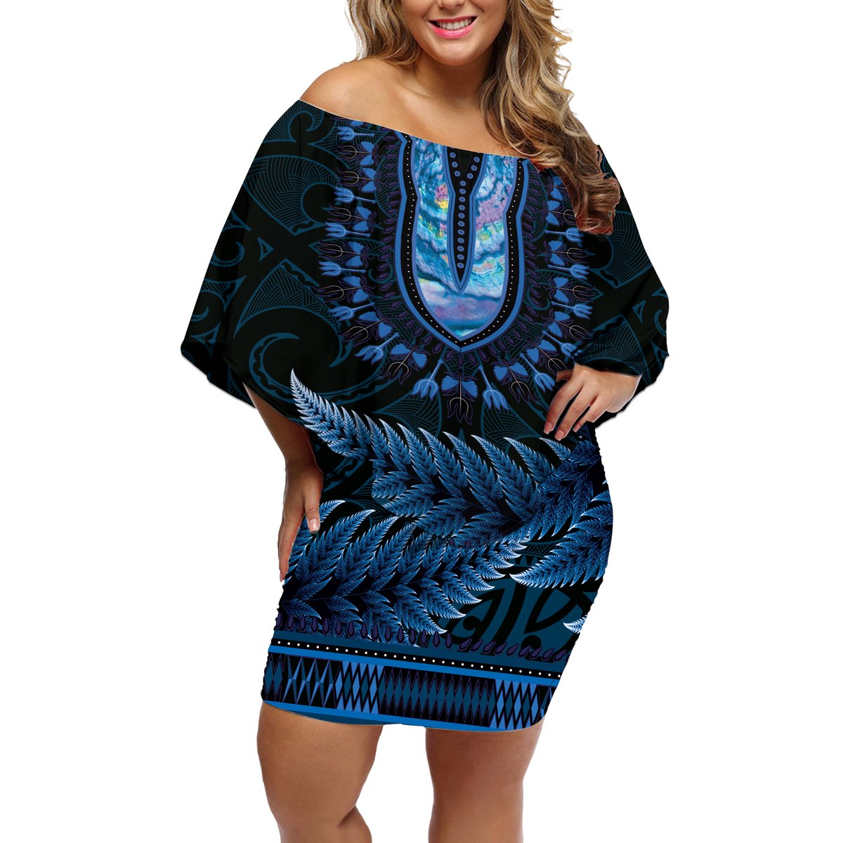 Blue African Dashiki With Aotearoa Maori Off Shoulder Short Dress Paua Shell Mix Silver Fern LT14 Women Blue - Polynesian Pride