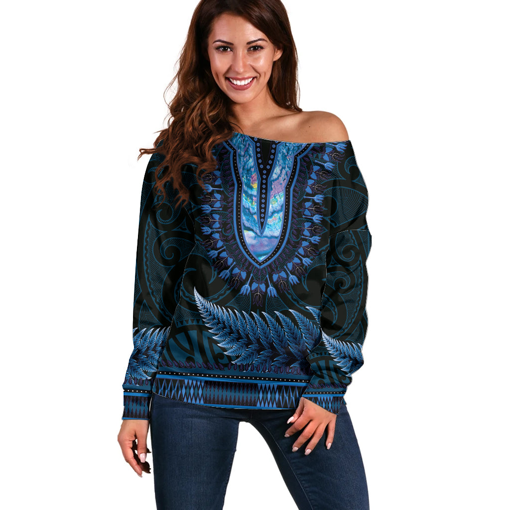 Blue African Dashiki With Aotearoa Maori Off Shoulder Sweater Paua Shell Mix Silver Fern