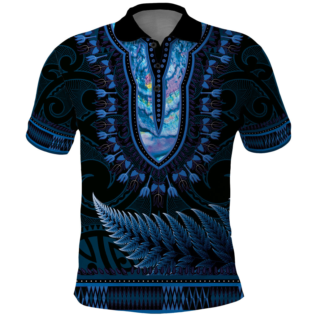 Blue African Dashiki With Aotearoa Maori Polo Shirt Paua Shell Mix Silver Fern