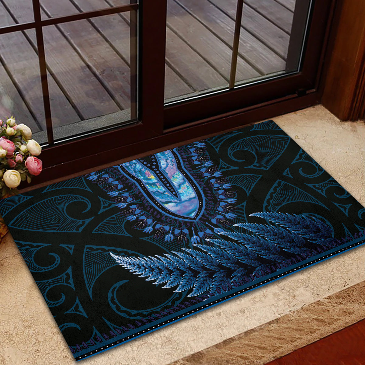 Blue African Dashiki With Aotearoa Maori Rubber Doormat Paua Shell Mix Silver Fern LT14 - Polynesian Pride