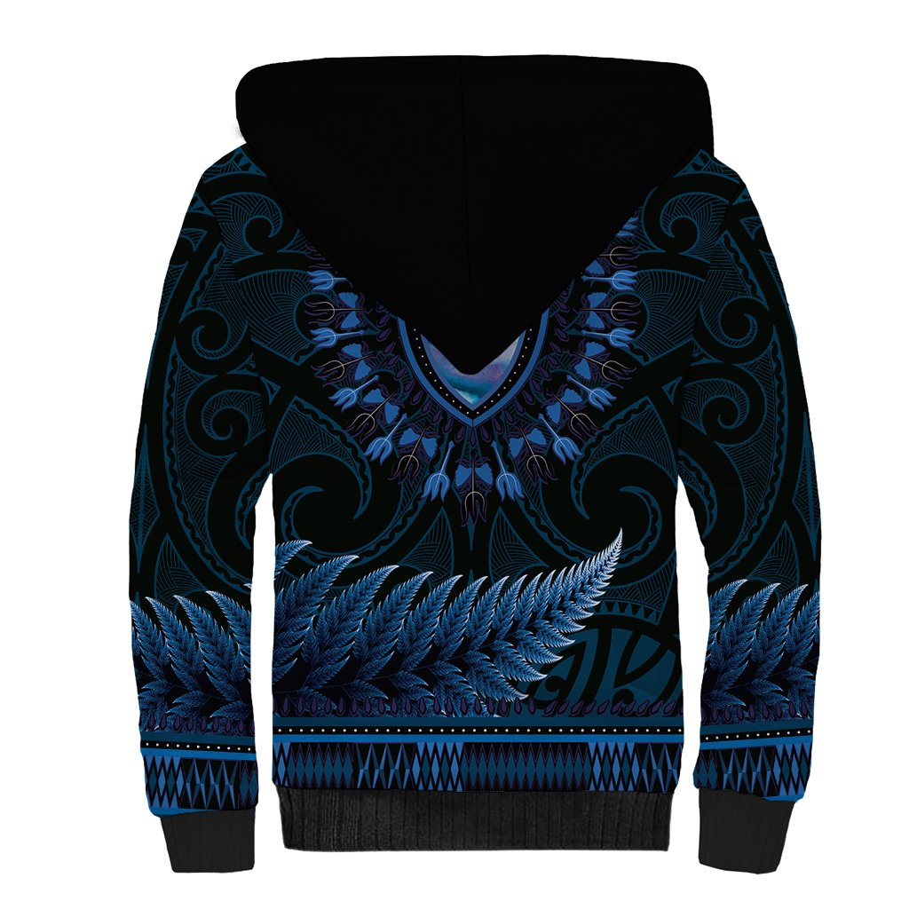 Blue African Dashiki With Aotearoa Maori Sherpa Hoodie Paua Shell Mix Silver Fern LT14 - Polynesian Pride