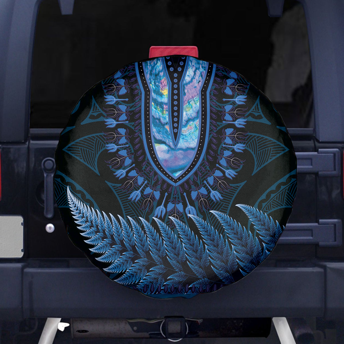 Blue African Dashiki With Aotearoa Maori Spare Tire Cover Paua Shell Mix Silver Fern LT14 - Polynesian Pride