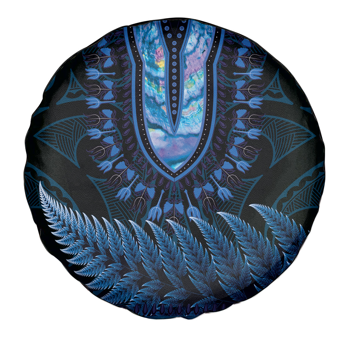 Blue African Dashiki With Aotearoa Maori Spare Tire Cover Paua Shell Mix Silver Fern LT14 - Polynesian Pride