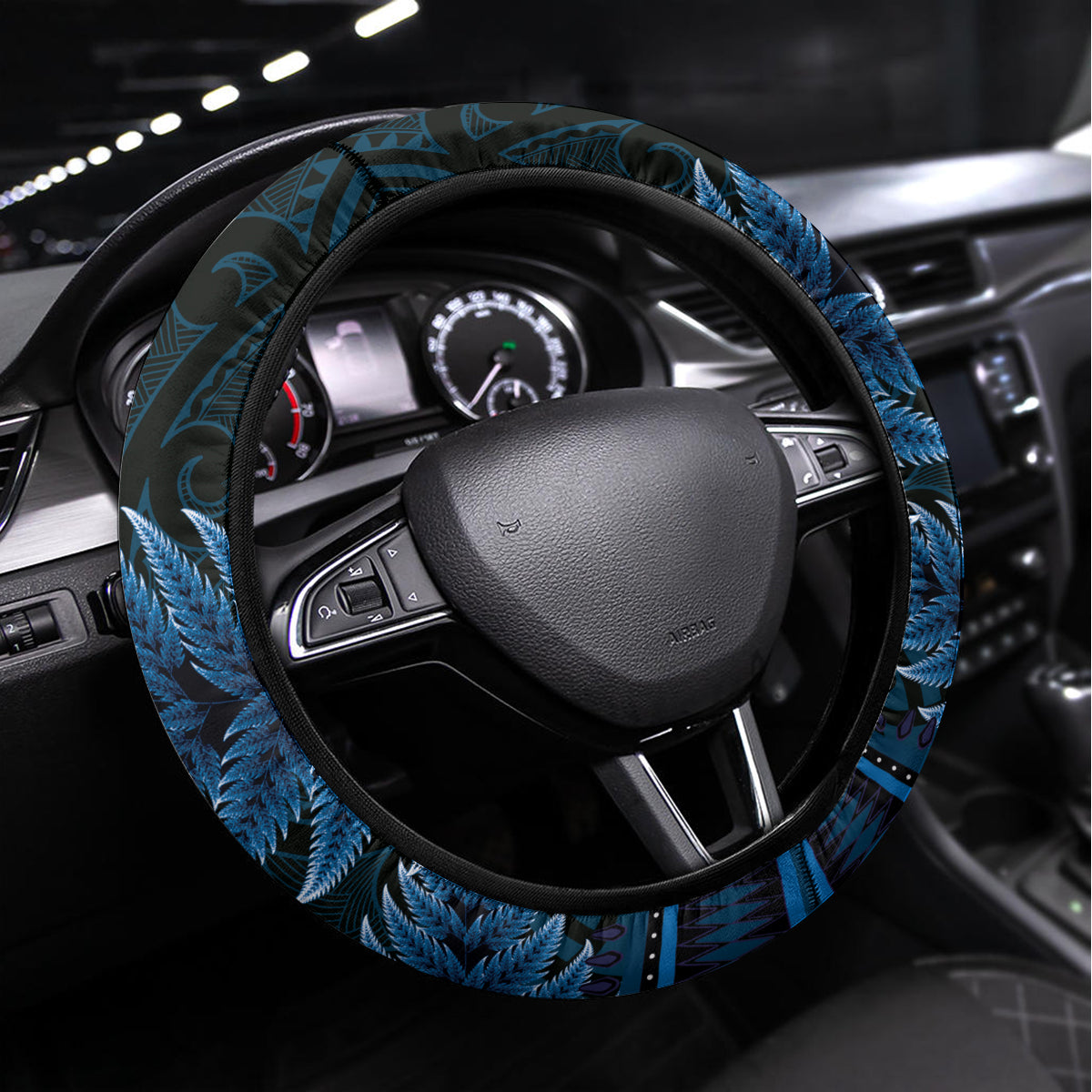 Blue African Dashiki With Aotearoa Maori Steering Wheel Cover Paua Shell Mix Silver Fern LT14 Universal Fit Blue - Polynesian Pride