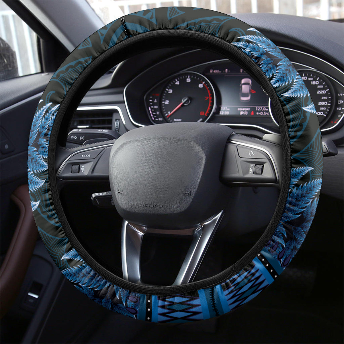 Blue African Dashiki With Aotearoa Maori Steering Wheel Cover Paua Shell Mix Silver Fern LT14 - Polynesian Pride
