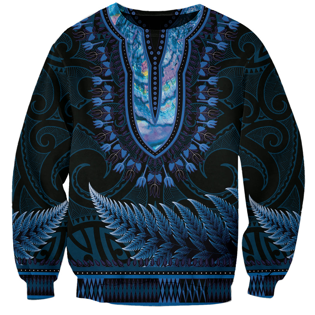 Blue African Dashiki With Aotearoa Maori Sweatshirt Paua Shell Mix Silver Fern